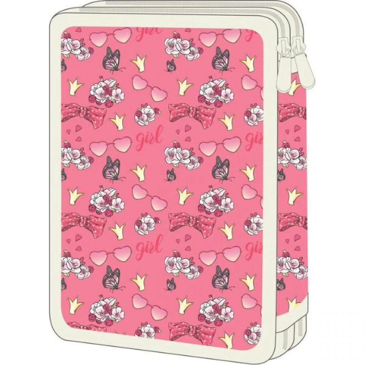 Double-decker pencil case in pink with hearts, butterflies, bows, and 'girl' pattern