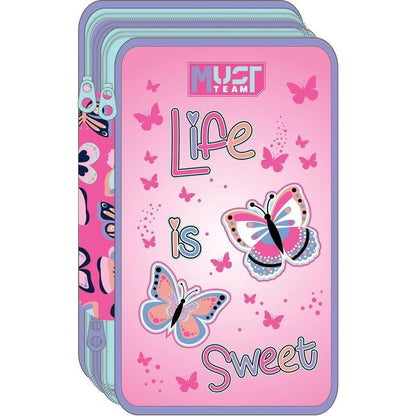 Triple-decker pencil case with pink butterfly design and blue zipper trim