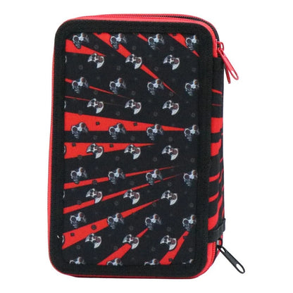 Triple-decker pencil case with repeating black and red controller pattern, zip closure.