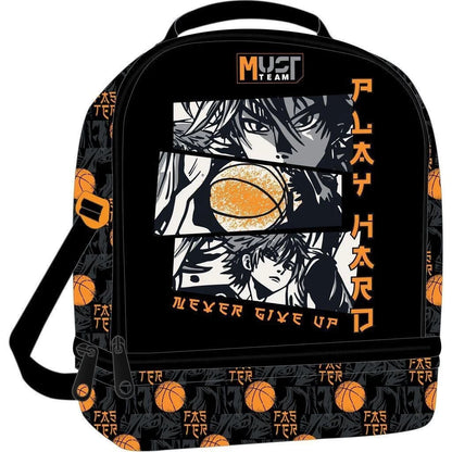 Insulated lunch bag backpack with anime boy graphics, black and orange, two compartments
