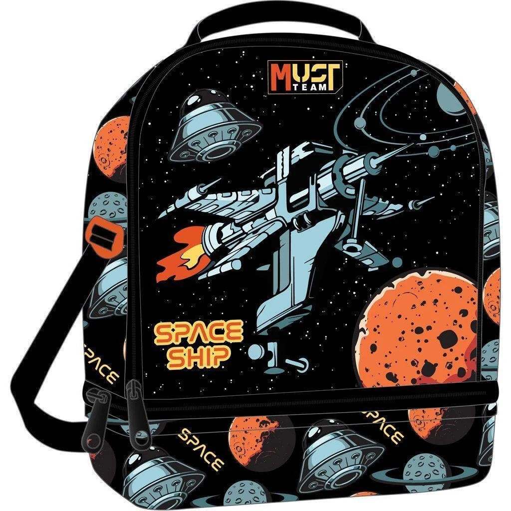 Insulated lunch bag backpack, black space print with top handle and shoulder strap