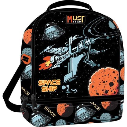 Insulated lunch bag backpack, black space print with top handle and shoulder strap