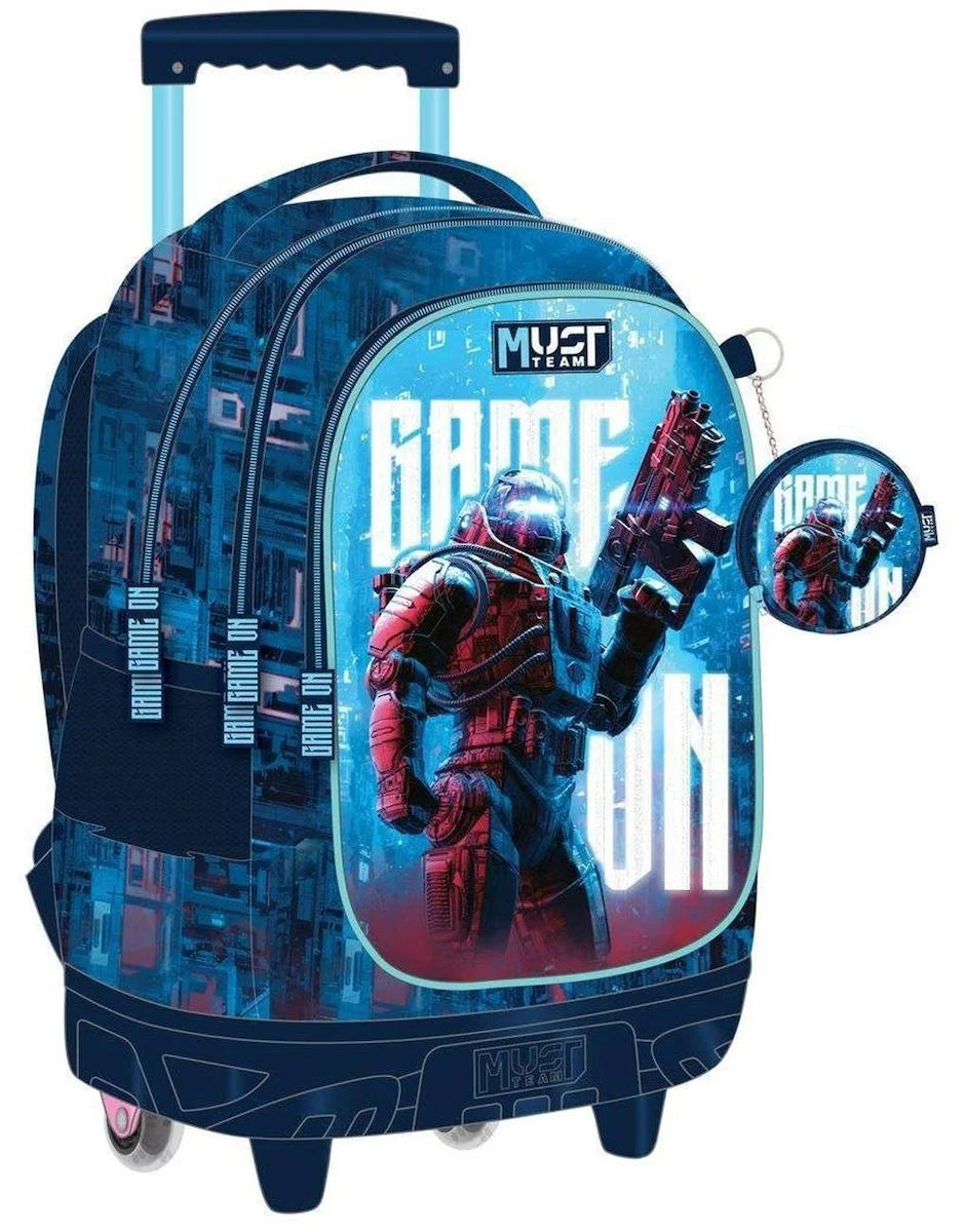 Kids trolley bag with blue robot sci-fi graphic, top handle, front straps, rolling wheels
