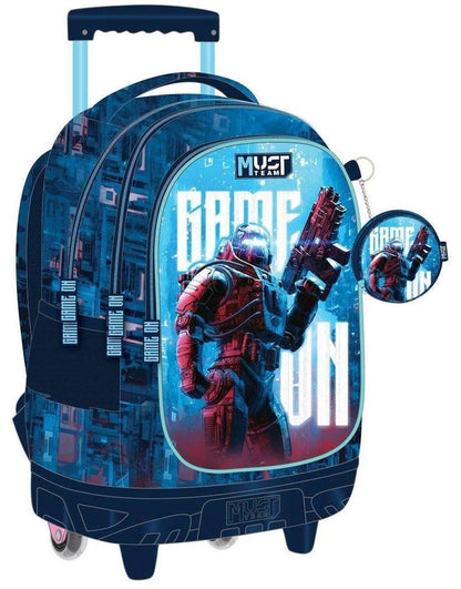 Kids trolley bag with blue robot sci-fi graphic, top handle, front straps, rolling wheels