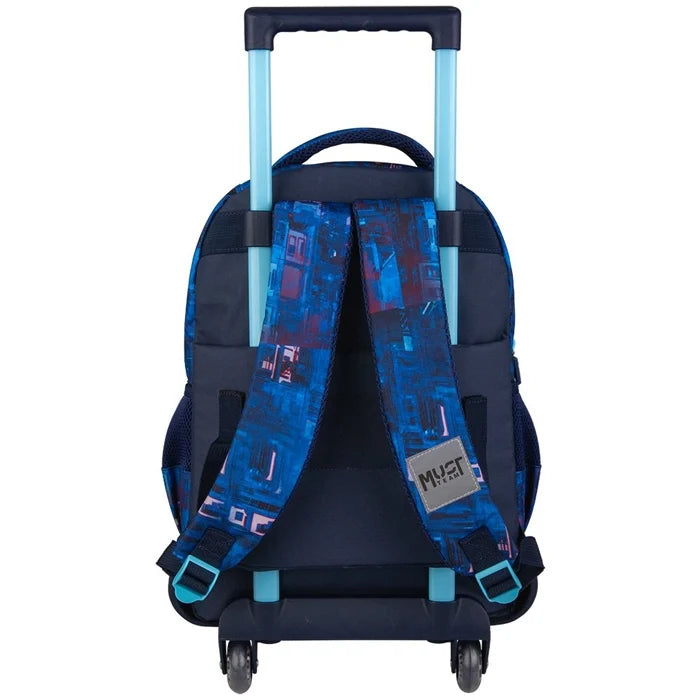 Kids trolley bag with navy blue fabric, padded adjustable straps, telescopic handle, rolling wheels