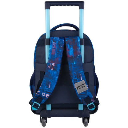 Kids trolley bag with navy blue fabric, padded adjustable straps, telescopic handle, rolling wheels