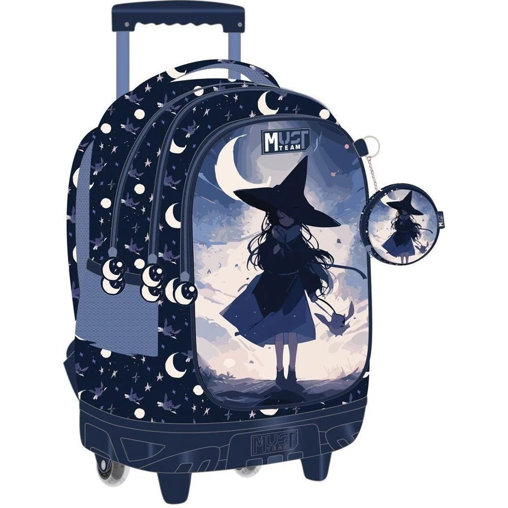 Kids wheeled trolley bag, dark blue witch and moon print with front pocket