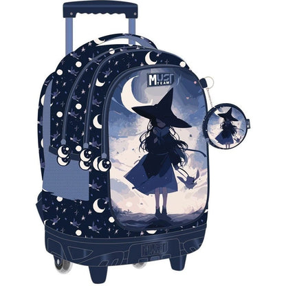 Kids wheeled trolley bag, dark blue witch and moon print with front pocket