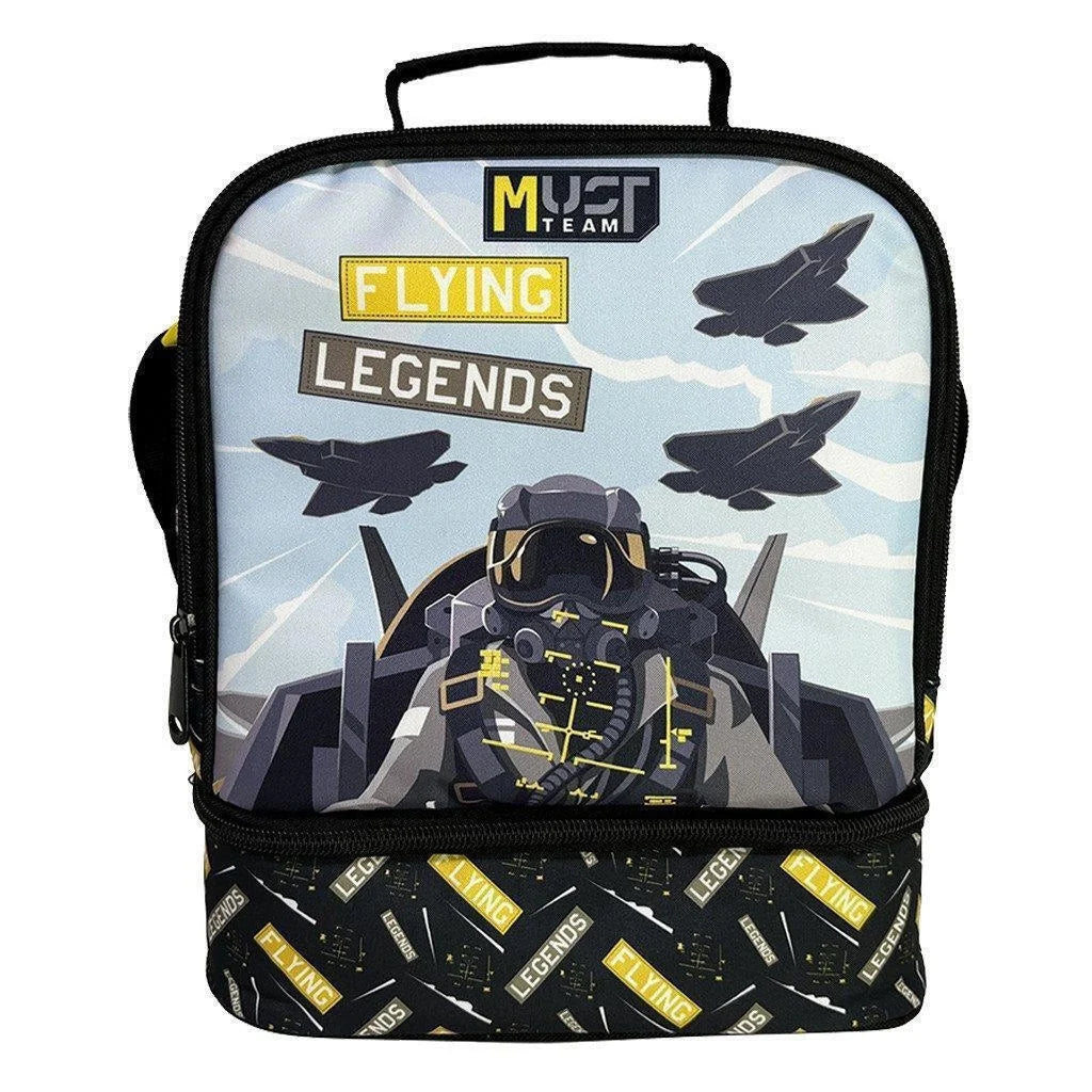Insulated lunch bag with carry handle, black trim, Flying Legends astronaut print, two zip sections