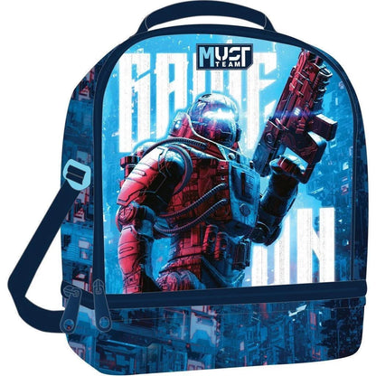 Insulated lunch bag with backpack straps, blue robot graphic and wide top opening.