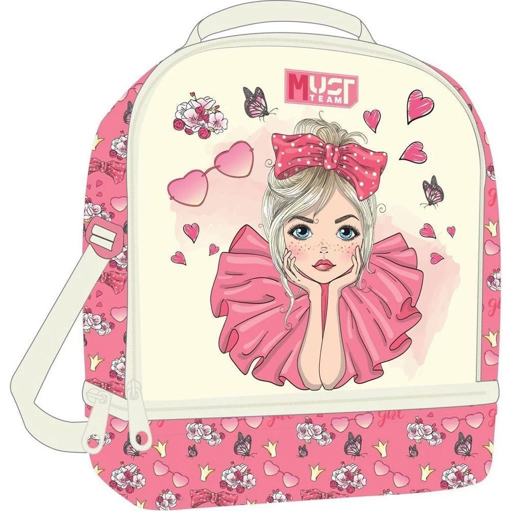 Insulated lunch bag with pink and cream bow girl and heart butterfly graphics