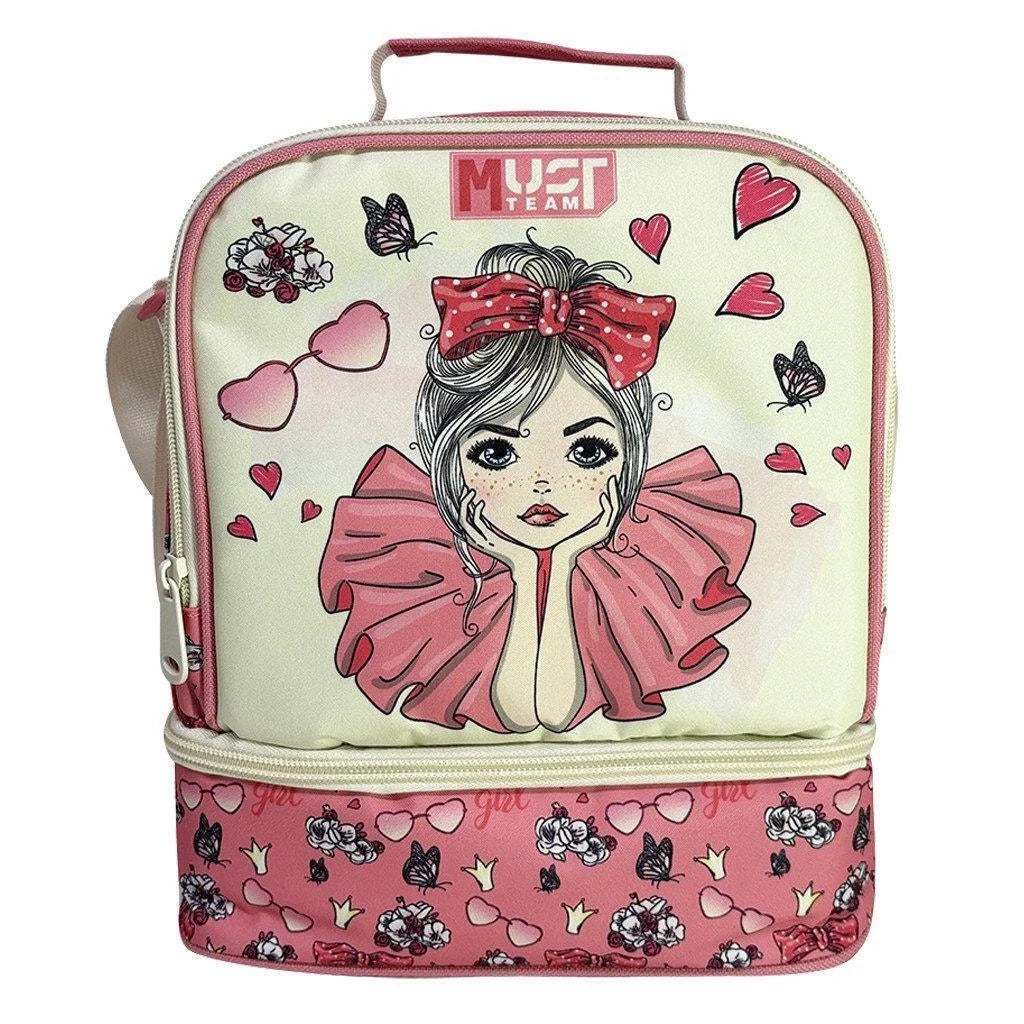 Insulated lunch bag front with bow girl face, hearts, and butterflies on pink/cream