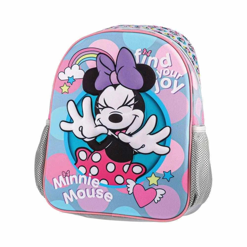 Preschool backpack with Minnie Mouse 3D-style cartoon graphic, pink and blue.