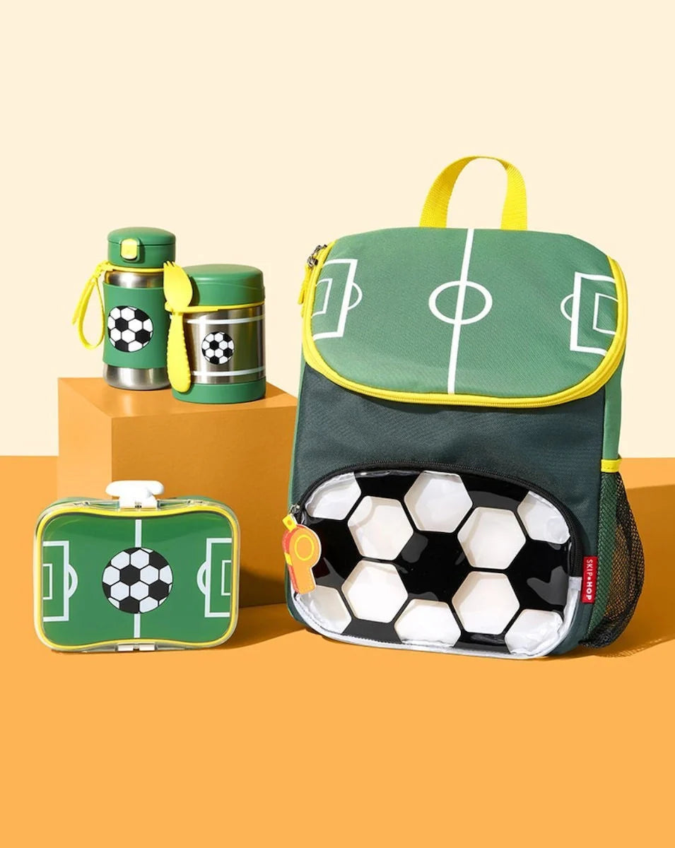 Green football lunch kit: insulated lunch bag with yellow trim, matching containers and bottle