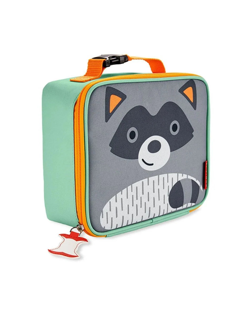 Raccoon zoo lunch bag with orange trim, top handle, and gray front animal graphic
