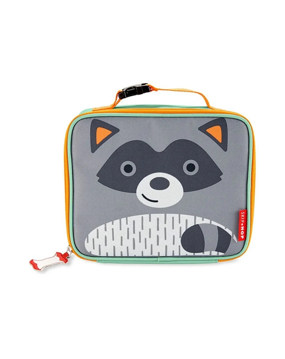 Raccoon zoo lunch bag with orange zipper trim, carry handle, gray front design