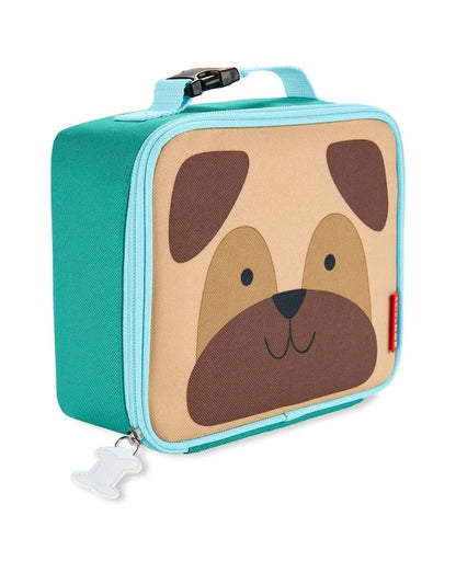 Teal and tan pug face lunch bag with top handle and front zipper