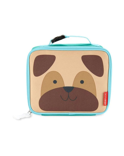 Teal lunch bag with tan pug face, top handle, and zippered front pocket