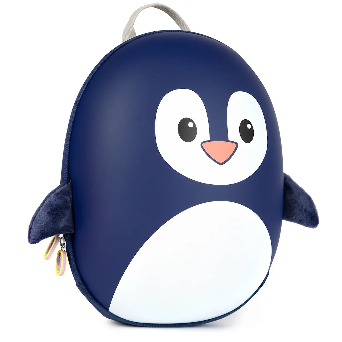 Blue penguin-shaped mini backpack with white face and side zipper