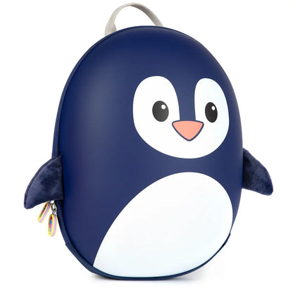 Blue penguin-shaped mini backpack with white face and side zipper