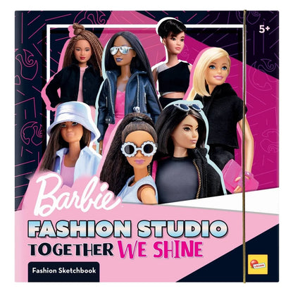 Barbie fashion sketchbook cover with dolls and 'Fashion Studio Together We Shine' text