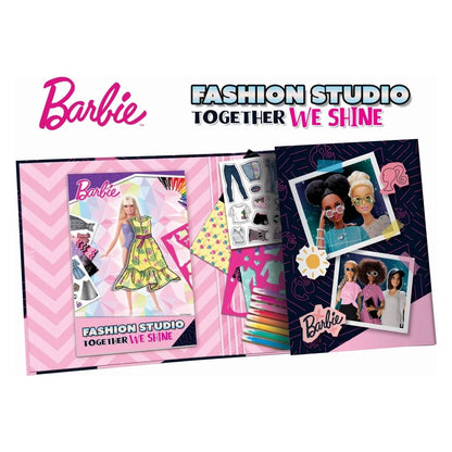 Barbie fashion sketchbook spread with outfit sketches and photo collage pages