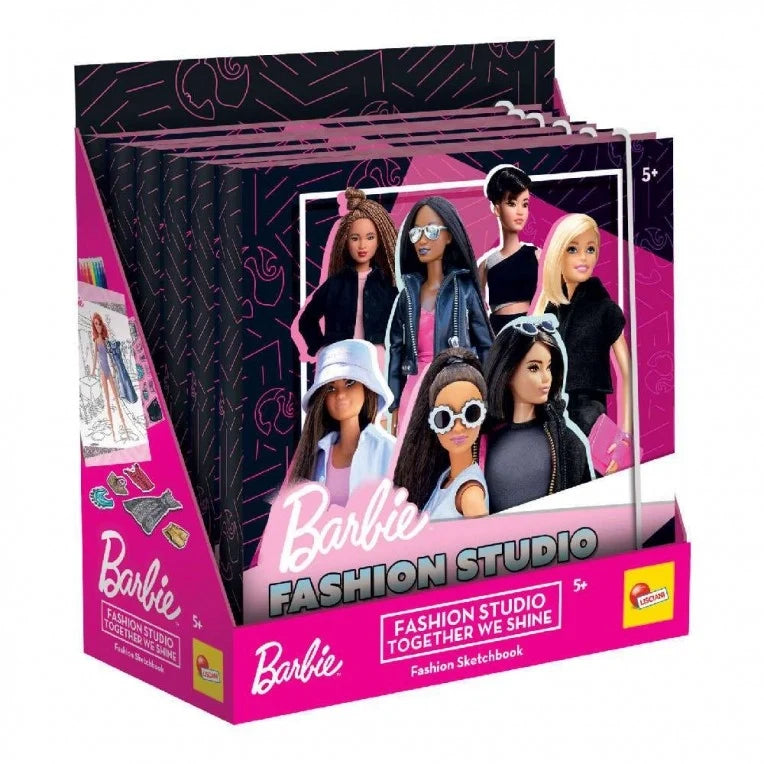 Barbie Fashion Studio sketchbook box with five dolls and 'Fashion Studio Together We Shine'