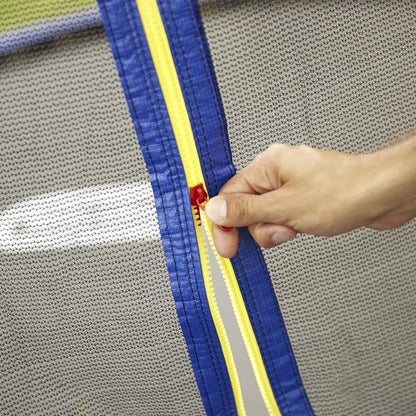 Trampoline safety net zipper seam, hand fastening a red latch on blue frame