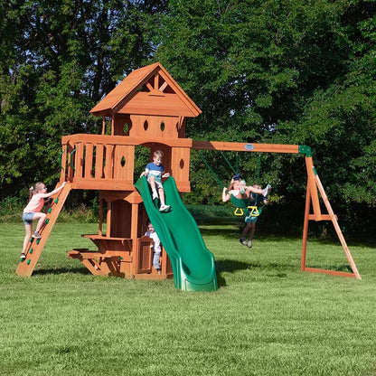 Discovery Atlantic American Wood Swing playset: wooden playhouse, green slide, swings