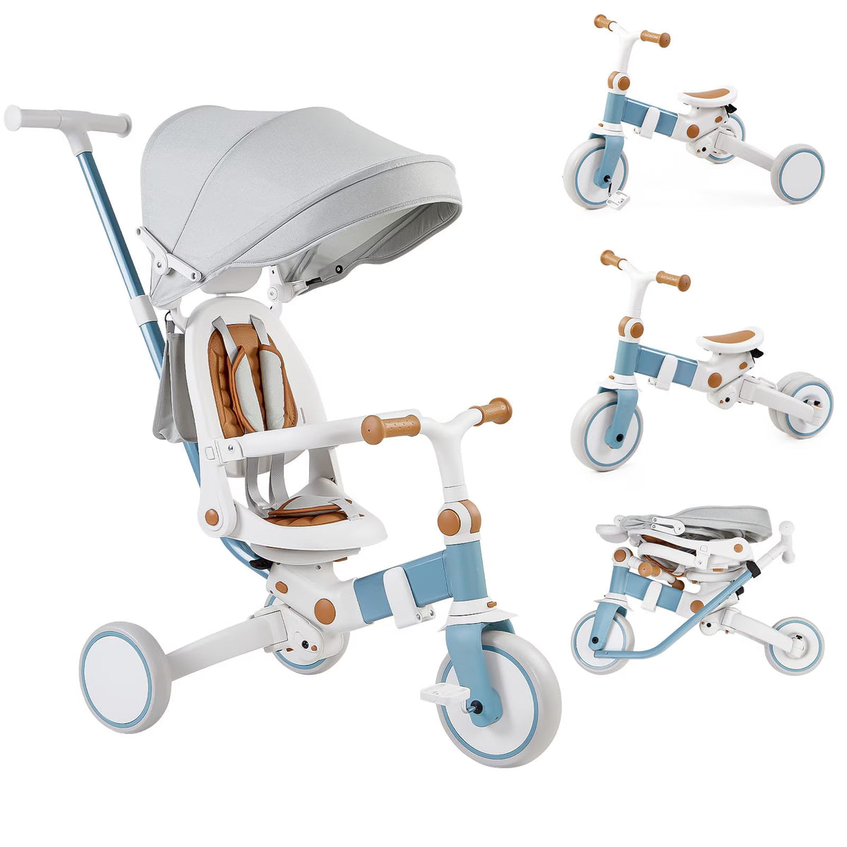 White and blue stroller tricycle with gray canopy and wooden-style handle grips