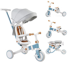 White and blue stroller tricycle with gray canopy and wooden-style handle grips
