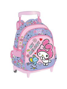 Preschool trolley bag, pink handle and wheels, cartoon bunny face on front panel