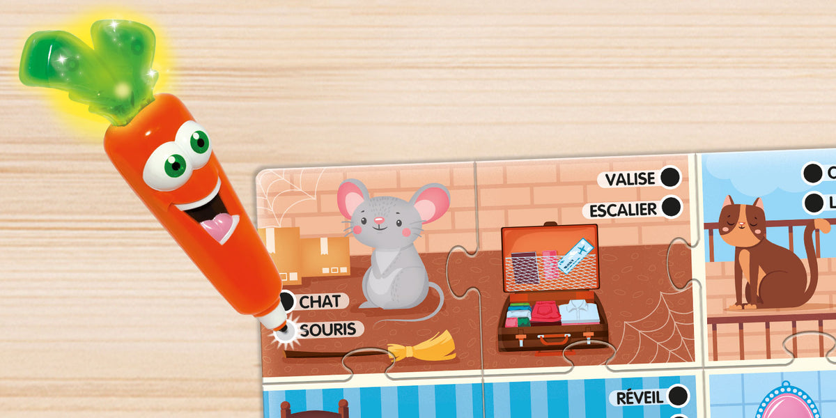 Carotina alphabet and words learning game with cartoon carrot mascot and word bubbles