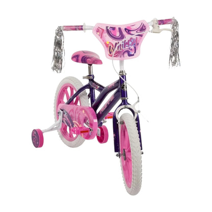 16-inch girls' bike with pink fenders, purple frame, and silver tinsel handlebar streamers