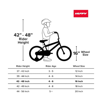 Bike size chart showing rider height and wheel size for 16-inch girls' bike