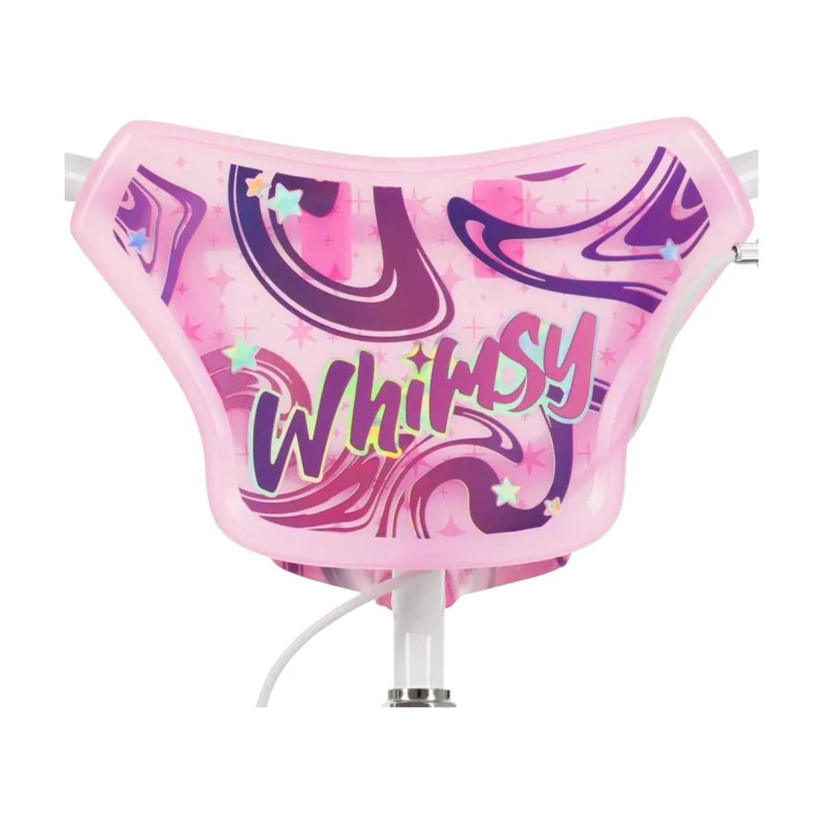 Pink front handlebar shield with whimsical graphics on 16-inch girls' bike
