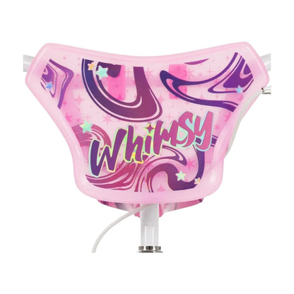 Pink front handlebar shield with whimsical graphics on 16-inch girls' bike
