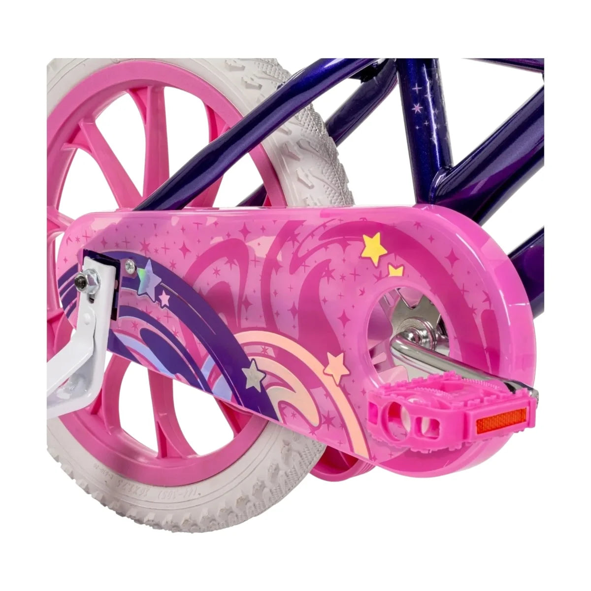 Pink rear wheel fender with star graphics on 16-inch girls' bike