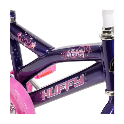 Huffy-branded purple bike frame with star and swirl graphics on 16-inch girls' bike