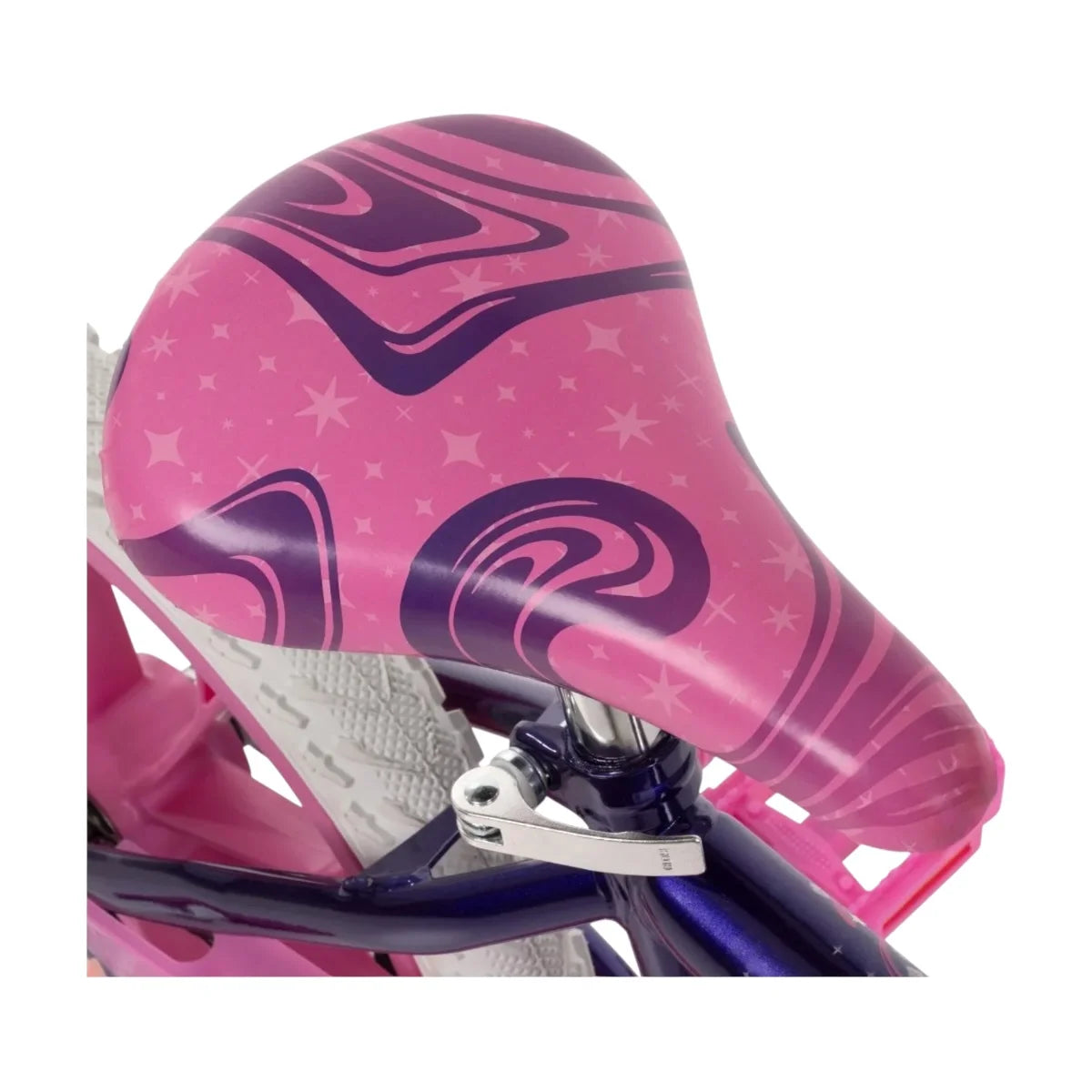 Pink patterned bike seat on 16-inch girls' bike with dark purple frame