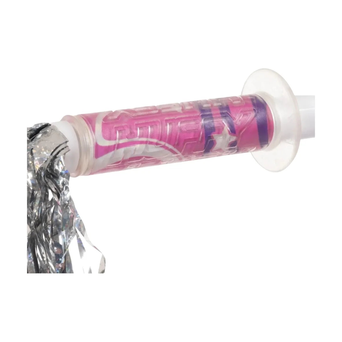 Pink handlebar grips with clear bell on 16-inch girls' bike