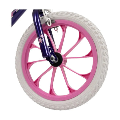 Front wheel of 16-inch girls' bike with pink rim and purple fork