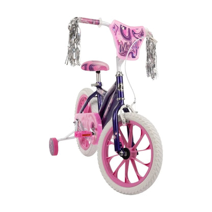 16-inch girls' bike with pink seat, purple frame, and silver tinsel handlebar streamers