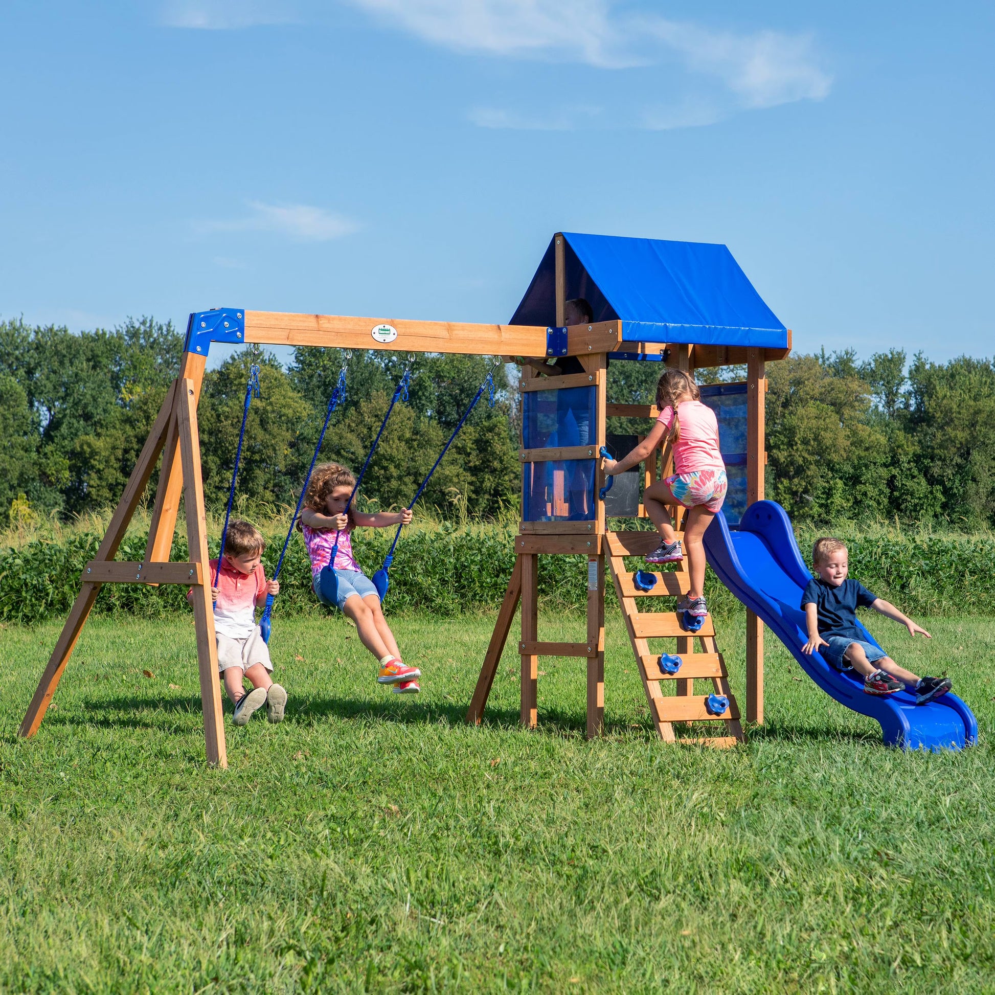 Aurora swing set play centre with slide, ladder steps and fort, cedar and blue