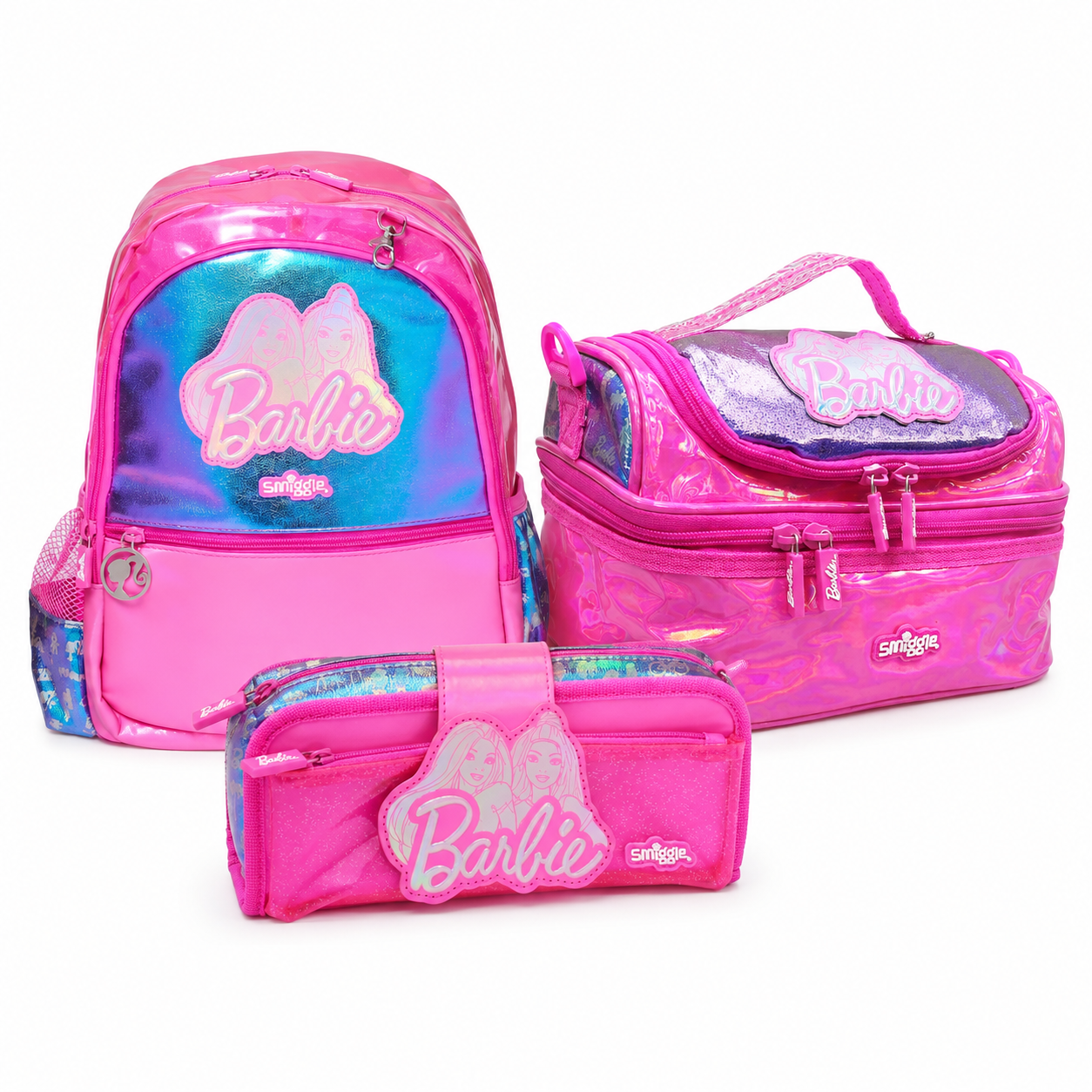 Pink Barbie school set: backpack, lunch bag, and pencil case