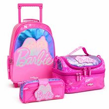 18-inch Barbie pink wheeled school trolley set with lunch bag and small pouch
