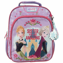Kids' Frozen-themed purple backpack with two compartments and 'Sister You Are Amazing' graphic