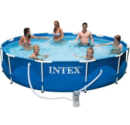 Above-ground metal frame pool set with blue liner, white supports, INTEX logo, includes pump.