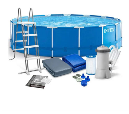 INTEX metal frame pool set with blue frame, ladder, filter pump, hoses, cover