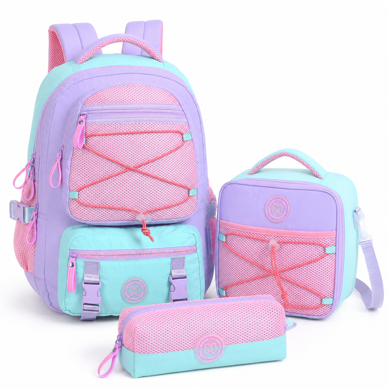 Pastel school set: lilac and pink backpack with matching lunch bag and pencil pouch